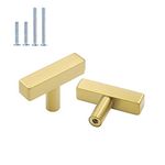 goldenwarm Gold Cabinet Pulls Kitchen Hardware Drawer Knobs LS1212GD Square T Bar Brushed Brass Single Hole Knob Cabinet Door Handles Stainless Steel 5 Pack