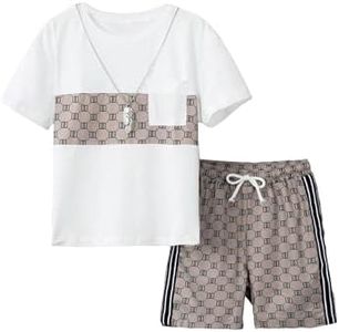 COZYEASE Boys' 2 Piece Outfits Summer Shorts Sleeve Graphic T Shirts and Shorts Sets Vacation Beach Clothes Khaki 8Y