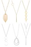 FUNRUN JEWELRY 6PCS Long Pendant Necklace Set Bar Circle Leaf Y Necklace Arrow Statement for Women (A: Silver Tone+Gold Tone)