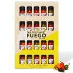 Thoughtfully Gifts, The Good Hurt Fuego Hot Sauce Gift Set, Flavors Include Garlic Herb, Smoky Bourbon, Jalapeno Lime and More, Pack of 20