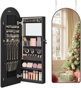 SONGMICS Wide Jewelry Organizer, LED Jewelry Cabinet Wall/Door Mounted, Arched Mirror with Storage, Lockable, Rounded Corner, Interior Mirror, Christmas Gifts,3.9 x 16.5 x 42.5 Inches, Ink Black