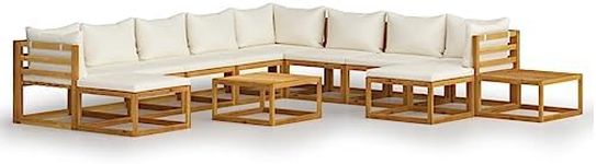 vidaXL Cream Garden Lounge Set - 12 Piece Outdoor Furniture with Cushions, Solid Acacia Wood, Modular Design, Includes Tables