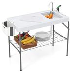 Goplus 42.5'' Folding Fish Cleaning Table with Sink and Spray Nozzle, Portable Camping Sink Table with Faucet, Drainage Hose, Grid Rack, Knife Groove, Outdoor Fish Fillet Cleaning Station for Picnic