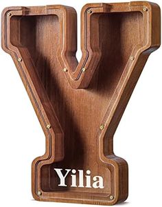 Summidate Customized Name Extra Large Wooden Piggy Bank for Kids Boys Girls Alphabets Letter A-Z Coins Bills Money Change Saving Box Clear Cover (Laser Engraved) Educational Toys 12"- Letter Y