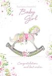 Birth Of Baby Girl Greetings Card - Rocking Horse Flowers and Glitter 7.75x5.25"