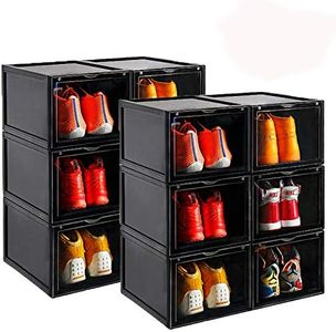 AOTENG STAR Black Storage Shoes Box Womens Mens Shoe Storage Display Box Plastic Foldable Stackable Shoe Container Clear Closet Shelf Shoe Organizer-6 PACK