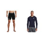 Under Armour Men's Armour HeatGear Compression Shorts, Black (001)/Pitch Gray, Large & Men's Armour HeatGear Compression Long-Sleeve T-Shirt, Midnight Navy (410)/White, Large