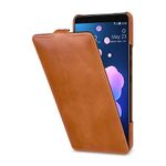 StilGut Case Compatible with HTC U12+ Slim Vertical Leather Flip Cover, Cognac Brown