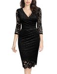 Miusol Women's Retro Deep-V Neck Ruffles Floral Lace Evening Pencil Dress (Medium, Black)