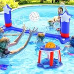 ThinkMax Large Pool Volleyball Set Pool Volleyball Net & Pool Basketball Hoops with 2 Beach Balls, Pool Games for Family and Adults, American Flag Pool Floating Court(116''x46'') & Hoop(31''x24'')