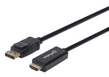 Manhattan DisplayPort 1.1 to HDMI Cable, 1080p@60Hz, 3m, Male to Male, DP With Latch, Black, Not Bi-Directional, Three Year Warranty, Polybag