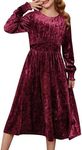 GRACE KARIN Girls Long Sleeve Velvet Dress Midi Fall Vintage Party Holiday Dresses for Kids 7-8 Years Burgundy