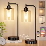 Aooshine Bedside Lamps Set of 2, Industrial Touch Lamps Bedside with USB C+A Charging Ports, Bedside Table Lamps for Bedroom, Black Bedside Lamps with Clear Glass Shade for Living Room(Bulbs Included)