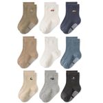Bearbay 9 Pairs Toddler Non Slip Cotton Crew Socks with Anti-slip Dots for Infant Baby Boys Girls Cartoon Blue