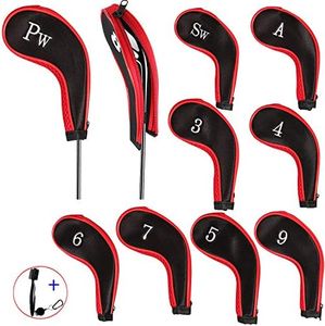 EDATOFLY 10 Pièces Capuchon de Golf Protection Club Golf avec Couvre Fer Golf, Long Cou Impression de Numéro et 1 Pièce Clubs de Golf Brosse (Noir + Rouge)