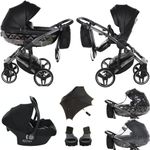 Junama Diamond Hand Craft V3 2in1 3in1 4in1 Baby Pram Pushchair Car Seat ISOFIX + Umbrella Exclusive Prams (3in1, Black 04)