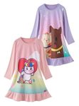 LOLPIP Girls Nightgown 2-Pack Dress Unicorn Cat Long Sleeve Cartoon Casual Dresses Size Small,100,3-4 Years