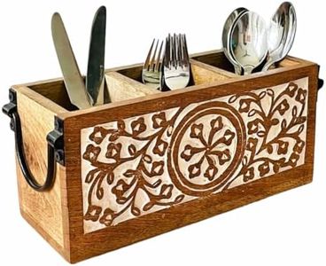 3 Compartment Farmhouse Wooden Flatware Caddy with Metal Handles for Kitchen Countertop, Silverware Caddy for Buffet Party, Rustic Wood Utensil Cutlery Holder, Mother's Day Dining Table Decor, Gift