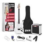 LyxPro 39 inch Electric Guitar Kit Bundle with 20w Amplifier, All Accessories, Digital Clip On Tuner, Six Strings, Two Picks, Tremolo Bar, Shoulder Strap, Case Bag Starter kit Full Size - White