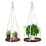 E-Know Macrame Plant Hanger - 2 Set Indoor Hanging Planter Shelf - Hanging Planter Rack Decorative Flower Pot Holder - Handmade Cotton Plant Hangers with Wood Tray Boho Home Decor