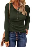 WNEEDU Women's Waffle Knit Tops Button Down V Neck Tunic Long Sleeve Henley Shirts 2024 New Casual Blouses Army Green M