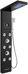 MENATT Rainfall Waterfall Shower Panel Black with LED Lights (No Battery Needed), 5 in 1 Shower Panel Tower System with 6 Massage Body Jets and Hand Sprayer Head