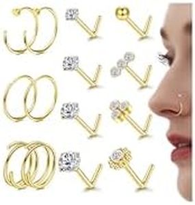 Hypoallergenic 14K Gold Filled Nose Rings Studs 20G 316L Surgical Steel Nose Ring Gold L Shaped Nose Studs Hoop Nose Rings Set for Women Men Simulated Diamond Nose Piercing Jewelry(14Pcs) Simple