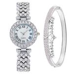 CdyBox Women Watches Diamond Luxury Quartz Watch Ladies Wristwatches with Crown Bangle Set Gifts (Silver), Silver, Luxurious, Fashionable