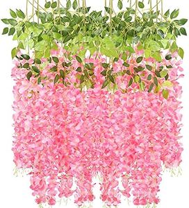 Wisteria Hanging Flowers,12 Pack 3.6 Feet Wisteria Hanging Flowers Pink Artificial Wisteria Vine Ratta Hanging Garland Silk Flowers for Home Party Wedding Outdoor Greenery Office Wall Decoration(Pink)