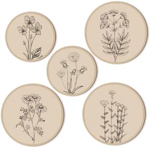 5 Pcs Boho Wall Art Decor Wooden Living Room Wall Decor Bohemian Wall Hanging Decor Farmhouse Geometric Hanging Decor 10'' and 8'' Aesthetic Wood Minimalist Wall Art for Apartment Bedroom (Floral)