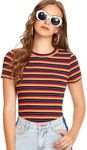 Milumia Women's Casual Multi Striped Ribbed Knit Short Sleeve Tee Knit Top Tshirt Multicolor Red X-Large