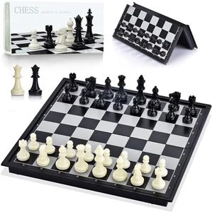 Magnetic Chess Set - 2 Extra Queens - Black & White Folding Chess Board Game Set, Wood-Plastic Folding Board, Puzzle Board Game Beginner Chess Set for Kids and Adults