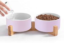 A4DOG Ceramic Dog Bowl with Wood Stand, Durable Ceramic Food Water Elevated Dog Bowls, Modern Cute Weighted Food Water Set of 2 Bowls, Medium Ceramic Dog Food Bowls, Modern Design - Pink 13.5 OZ