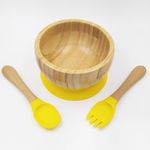 Kradyl Kroft Baby Kids Feeding Bamboo Silicone Bowl and Wooden Handle Spoon, Babies and Toddler Bowl & Spoon Set, Unbreakable Silicone Non-Slip Suction (Bamboo Yellow)