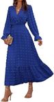 BTFBM Women Fall Dresses 2025 Long Sleeve V Neck Swiss Dots Maxi Dress Boho Long Dress High Waisted A-Line Ruffle Dress(Solid Royal Blue,Medium)