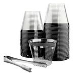 100 Black Rimmed Plastic Cups and 1 Silver Ice Tong Set - 9 Ounce Disposable Cocktail Glasses - Plastic Wine Cups - Black Party Decorations - Black Party Supplies