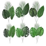 Worown 18 Pieces Artificial Tropical Leaves Set, Monstera and Palm Leaf, Large Plant Leaves, Decorative Faux Tropical Leaf with Stem for Hawaiian Jungle, Birthday Barbecue Party, Beach Theme Decor