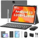 Android Tablet with Keyboard, Android 13 Tablet, 12(6+6)GB+128GB, 1TB Expand, 2 in 1 Tablet, 10 inch Tablet with Case, Mouse, Stylus, 8000mAh Battery, 2.4G/5G WiFi, GPS, Certified Tablet PC, Silver