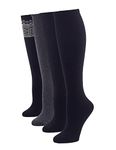 HUE Women's Flat Knit Knee High Socks - Size 4-10 - Ladies Thin Cotton Blend Trouser Boot Socks, Black Combo, One Size