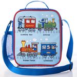 Tyrrell Katz Kids Insulated Trains Printed Lunch Bag in Blue - Children's Zip Meal Tote with Adjustable Strap and Bottle Holder - 21.5 x 24.5 x 6 cm