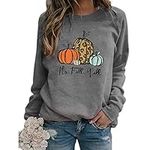 Fuyxxmer Women Its Fall Yall Pumpkin Halloween Sweatshirt Leopard Print Casual Long Sleeve Pullover Shirt Tops Blouse Grey