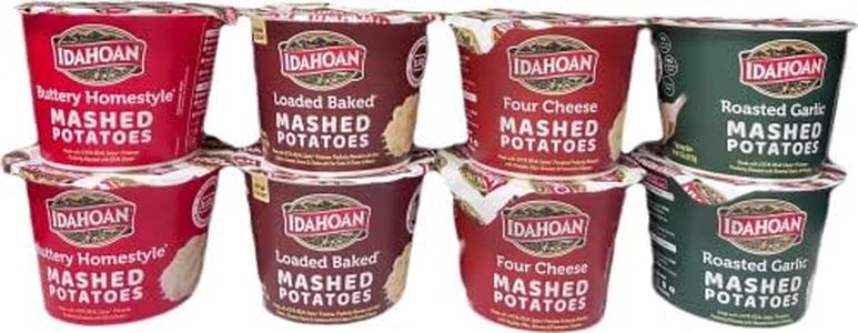 Idahoan Microwavable Instant Mashed Potatoes Variety Bundle pack(2)Loaded Baked 1.5oz/ea (2)Buttery Homestyle 1.5oz/ea (2)Four Cheese 1.5oz/ea (2)Roasted Garlic 1.5oz/ea 8/pack total-Gluten Free