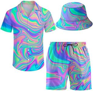 Wdpsuxin Men's 2 Piece Tracksuit Hawaiian Shirt Shorts Button Down Shirt and Shorts Sets with Bucket Hats, Psychedelic Trippy, X-Large