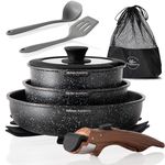 Kitchen Academy Non Stick Pots and Pans Set, Detachable Handle Induction Hob Pans Set,10 Piece Black Granite Cookware Set with Removable Handle Stackable RV Camp Cookware