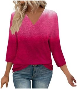 Petite tops for women Ladies V Neck Ombre Tunic Tops Basic Beach Spring 3/4 Sleeve Clothes Printed Loose Fit Classy Blouses Women tops