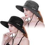 IYEBRAO 2 Pack Womens Ponytail UV Protection Sun Hat UPF 50+ Summer Foldable Wide Brim Mesh Boonie Cap for Beach Fishing Hiking＆Gardening Work (Black & Grey)