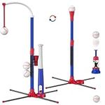 HYES 3-in-1 Baseball Set for Kids 3-5 - Tee Ball Stand, Hanging Tee, Ball Launcher and 6 Softballs - Adjustable Height, Indoor/Outdoor Sport Gifts for Boys, Blue