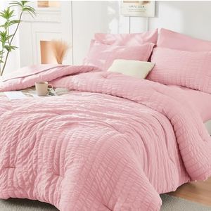HYMOKEGE Pink Oversized King Comforter Set Seersucker 7 Pieces, All Season Luxury Bed in a Bag for Bedroom, Bedding Set with Comforter, Sheets, Pillowcases & Shams