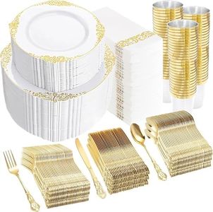 YOUBET 700PCS Gold Plastic Dinnerware Set - White and Gold Disposable Plates for 100 Guest - 200 Disposable Plates, 300 Heavy Duty Plastic Silverware, 100 Cups,100 Napkins for Wedding Thanksgiving