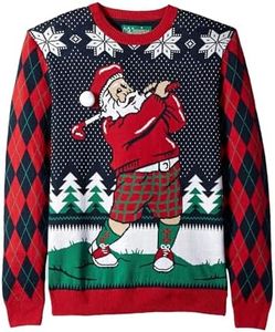 The Ugly Sweater Co. Mens Sports Golf Sports Ugly Christmas Sweater for Holiday Fun Design, Snug Fit Breathable Crewneck (Twilight Golfing Santa, Medium)